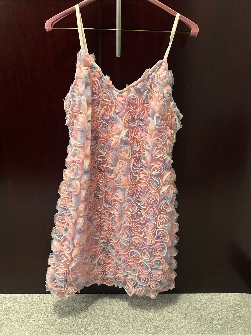 Pastel Rose-Embellished Slip Mini Dress in Pink & Blue